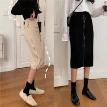 Элегантные женские юбки с высокой талией, Классическая хип-посылка, Осень-зима, вязаные юбки на молнии, женские миди юбки