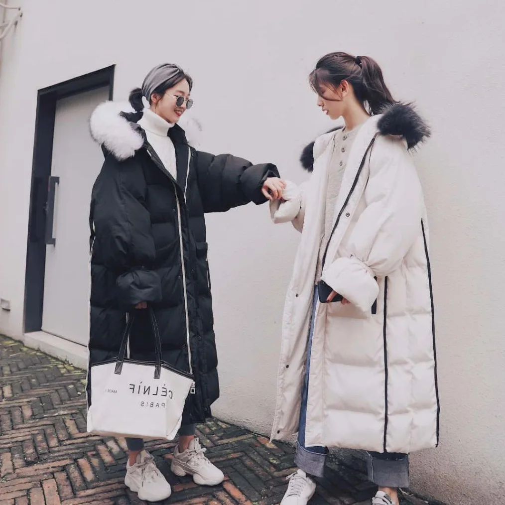 

Photo Shoot Korean-style Black And White Open Wire Contrast Color Binding Long Hooded Large Fur Collar Best Friend down Coat Cot