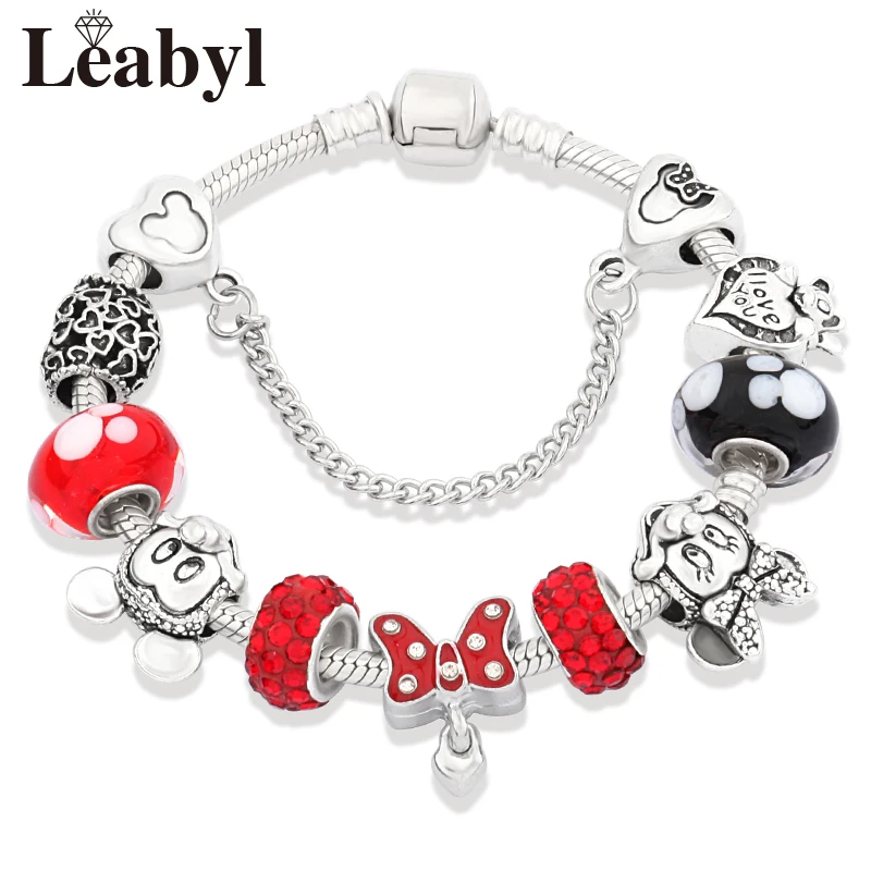 Leabyl New Design Red Crystal Minnie Bowknot Charm Bracelets & Bangles Cartoon Animal Bead Bracelet DIY Jewelry for Child