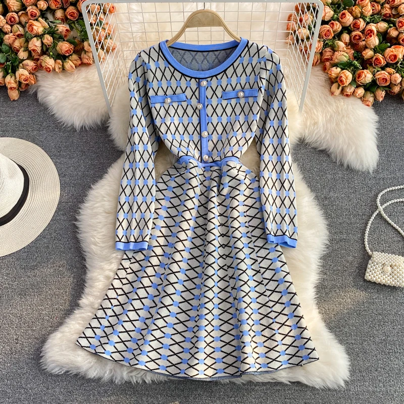 Houndstooth Autumn Winter O-Neck Long Sleeve Knitted Dress Women's Slim Waist Pearl Buttons Fashion Bright Shinny Outfit Vestido Houndstooth Autumn Winter O-Neck Long Sleeve Knitted Dress Women's Slim Waist Pearl Buttons Fashion Bright Shinny Outfit Vestido