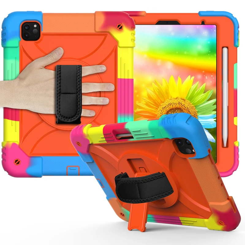 

for iPad Pro 2020 Colorful Silicon PC Stand Back Case Kids Safe Shoulder Handheld Case Shockproof Cover for Apple iPad Pro 11"