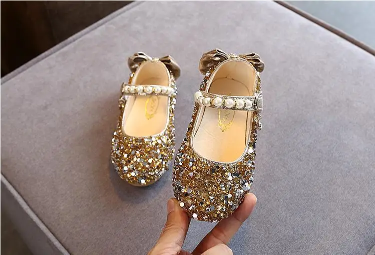 Kids School Shoes Baby Girls Princess Sequin Little Girls Party Flat Leather Shoes Children Wedding Shoes 1-10