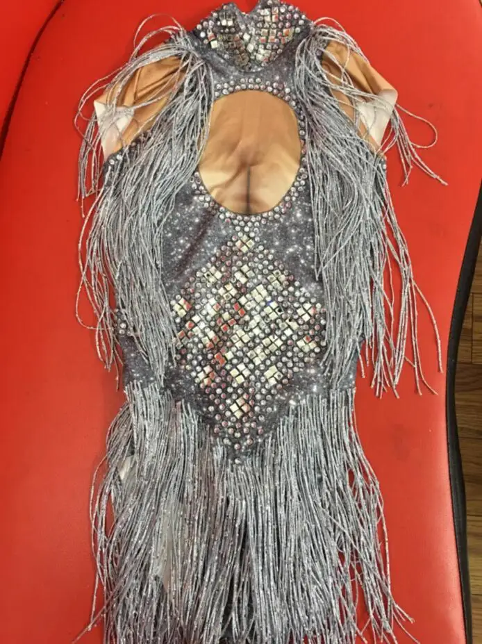 4 Colors Sparkly Rhinestones Tassel Leotard Nightclub Dance DS Show Stage Wear Stretch Bodysuit Party Female Singer Outfit