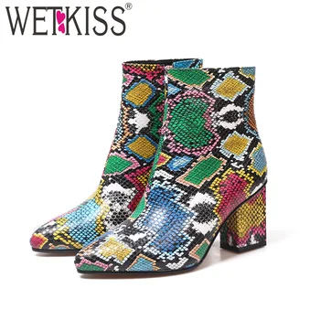 

WETKISS Colorful Snakeskin Ankle Boots Women Thick High Heels Shoes Woman Snake Print Booties Winter Fashion Ladies Shoes