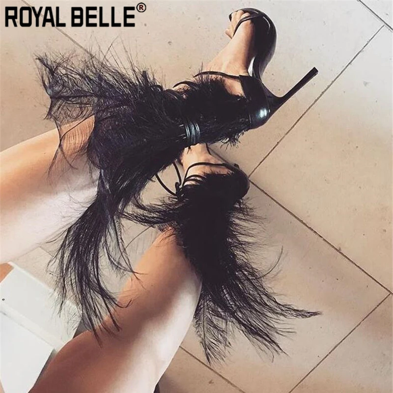 Королевский Belle новые сандалии, украшенные перьями Для женщин Подиум Обувь для подиума; женские туфли на высоком каблуке-шпильке; с мехом; сезон лето; дизайнерский обувь для вечеринок