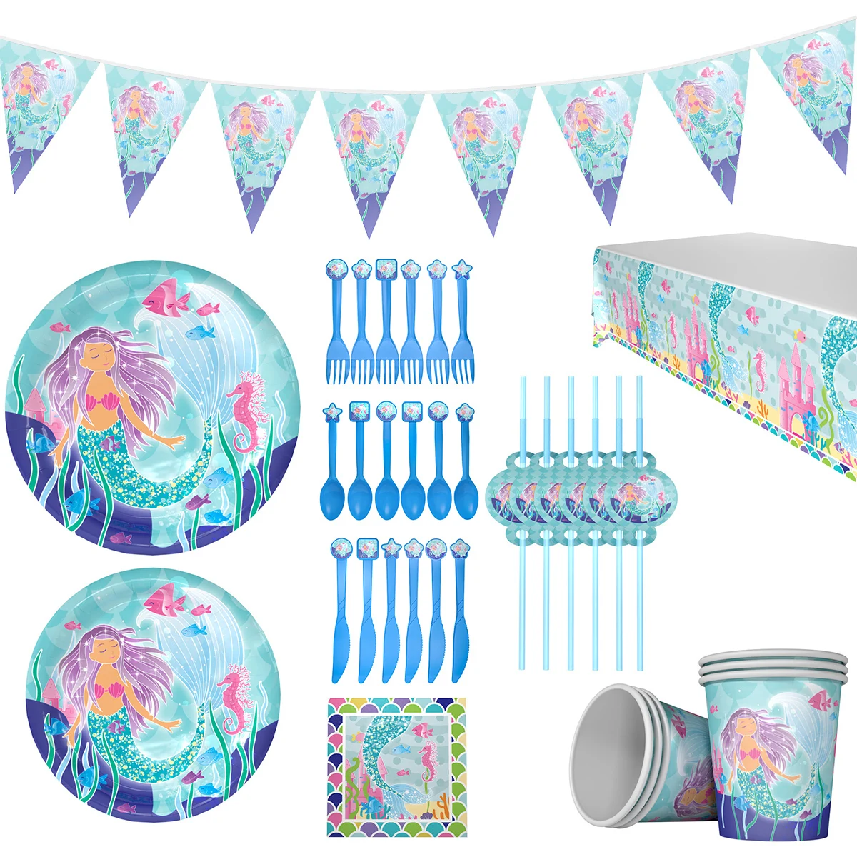 

Party Decoration Mermaid Girl Party Supplies Set for 16 Guests Party Favors Set Decor & Tableware Plate Sraws Table Cloth Cups