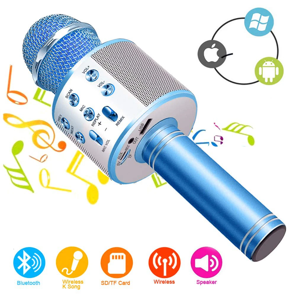 Микрофон WS-858 беспроводной Bluetooth Караоке ручной USB KTV плеер Bluetooth микрофон динамик Запись музыки розовое золото - Цвет: Синий