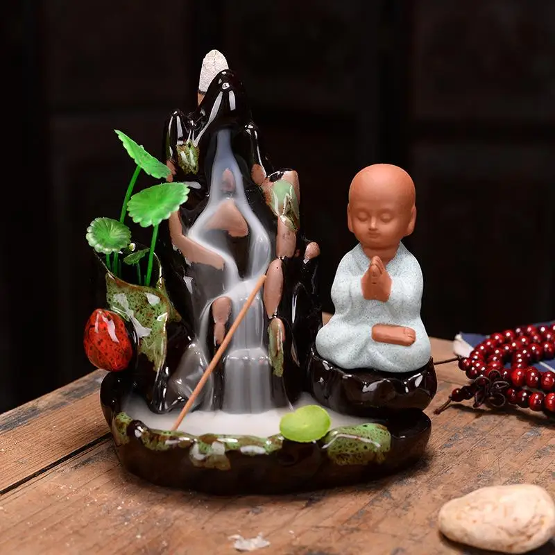 Smoke Waterfall Incense Stick Holder Little Monk Backflow Incense Burner Mountain River Handicraft Incense Holder Ceramic Censer