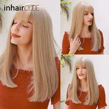 Inhaircube Long Straight Ombre Blonde Long Synthetic Wig with Bangs High Density Natural Headline Heat Resistant Hair Wigs