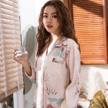 

Summer fresh leaf satins silks sleepwear women pajamas sets Spring ice silk quality long sleeve trousers pijamas women pyjamas