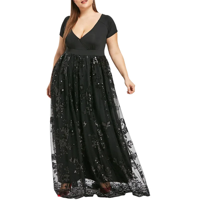 Jaycosin женское платье с цветочным принтом, плюс размер, v-образный вырез, короткий рукав, расшитое блестками, для вечеринки, Сетчатое, 5XL, женское платье, Vestido Robe Vestidos