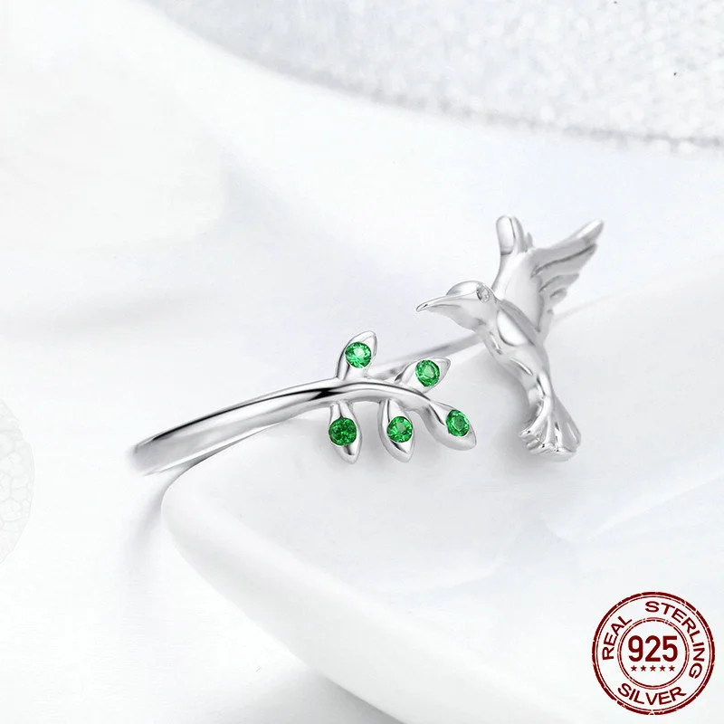 RongXing 925 пробы Серебряное кольцо колибри и листья для женщин зеленый циркон Природный стиль S925 серебряные ювелирные изделия рождественские подарки