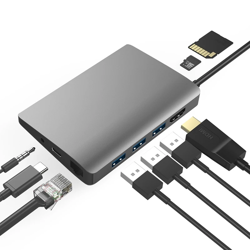9 в 1 usb-хаб конвертер док-станция Usb-C type-C к Hdmi/Lan(Gigabit Ethernet) Rj45/Usb3.0/Sd кардридер/аудио