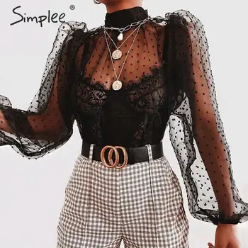 

Simplee Modern lady black dot women blouse shirt Mesh sleeve turtleneck plain top Women streetwear spring summer elegant blouses