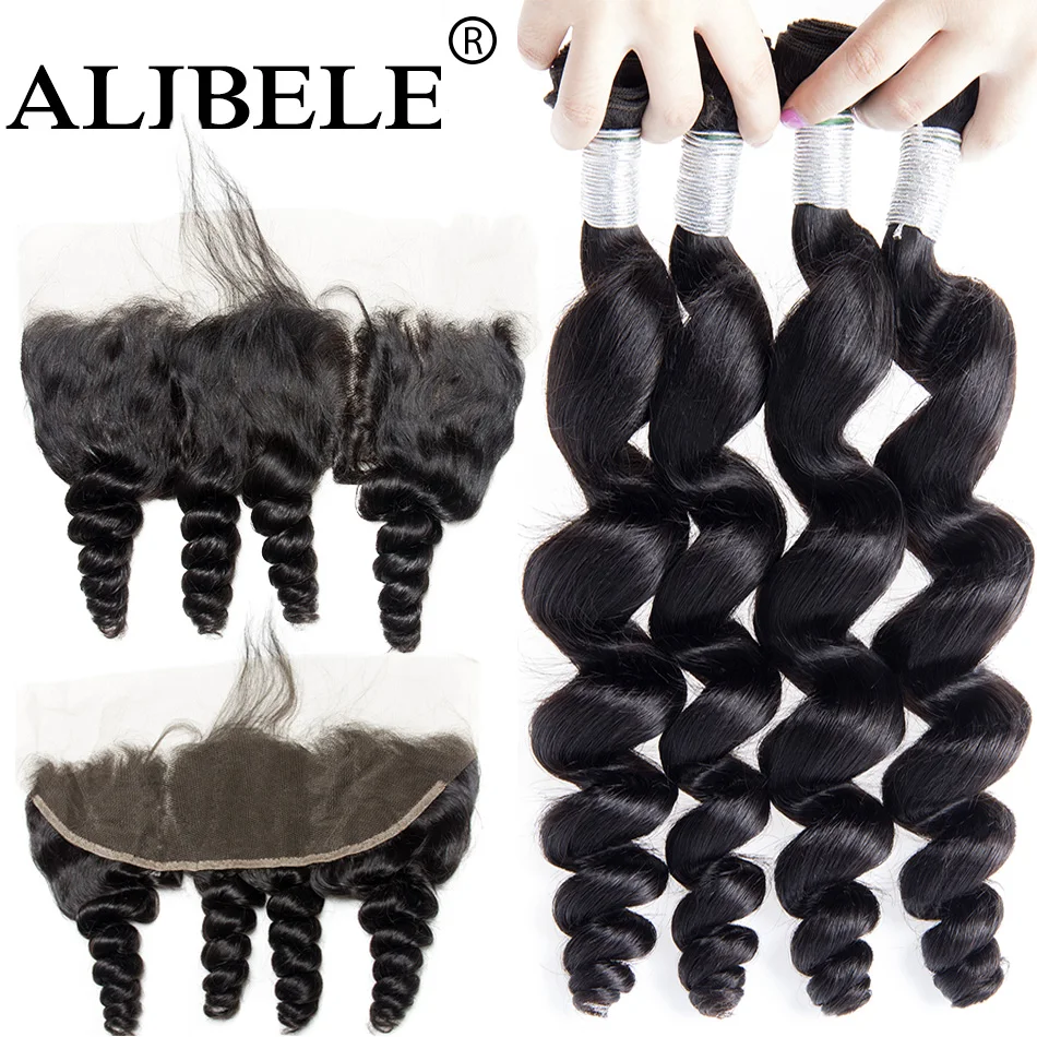 

Alibele Brazilian Loose Wave Bundles With Frontal Closure10-30in M Remy Human Hair 3 Bundles With 13x4 EarTo Ear Frontal Closure