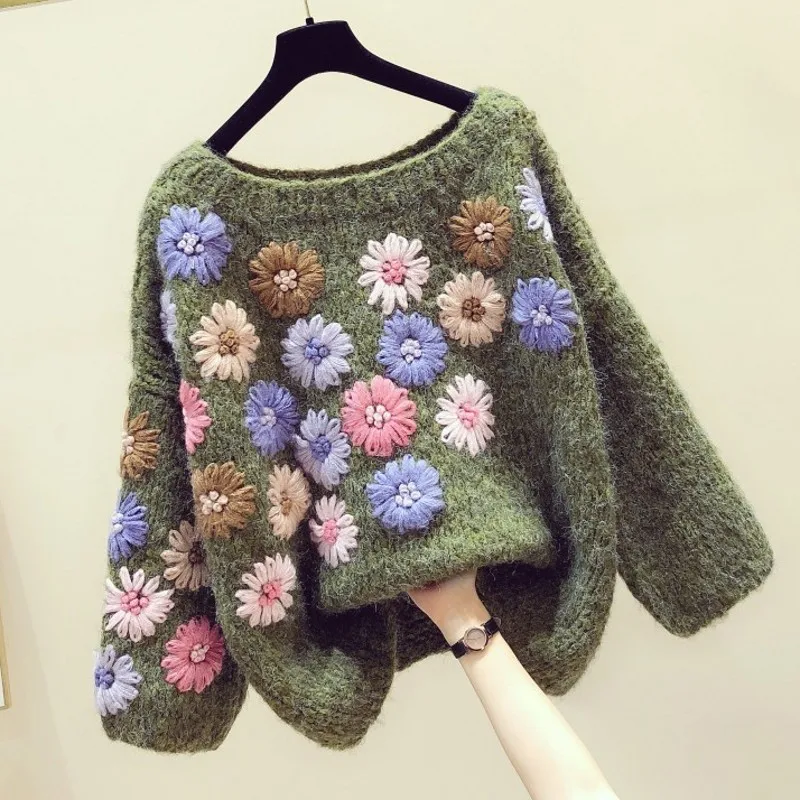 Sweater Women's 2020 Spring Winter Retro Handmade Three-dimensional Flower Lazy Wind Sweater Loose-Fit Sweaters Ladies Jumper
