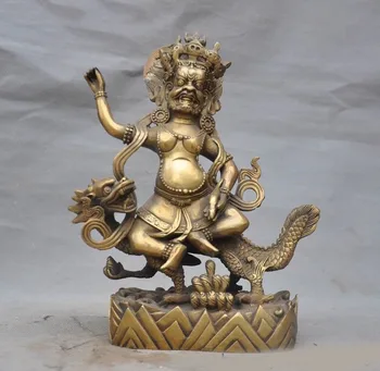 

wedding decoration 10" Tibet Buddhism brass Riding Dragon Yellow Jambhala wealth God Buddha Statue