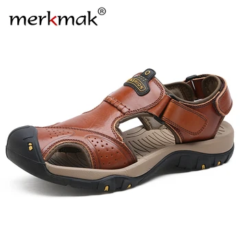 

Merkmak Genuine Leather Summer Outdoor Beach Sandals Anti-shock Non-Slip Men's Casual Shoes Comfortable Toe Protective Sandals