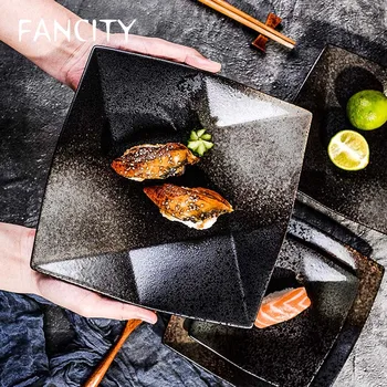 

FANCITY Creative Japanese Retro Ceramic Dinner Plate Cooking Plate Dim Sum Plate Salad Plate Square Plate Flat Plate Japanese Fo