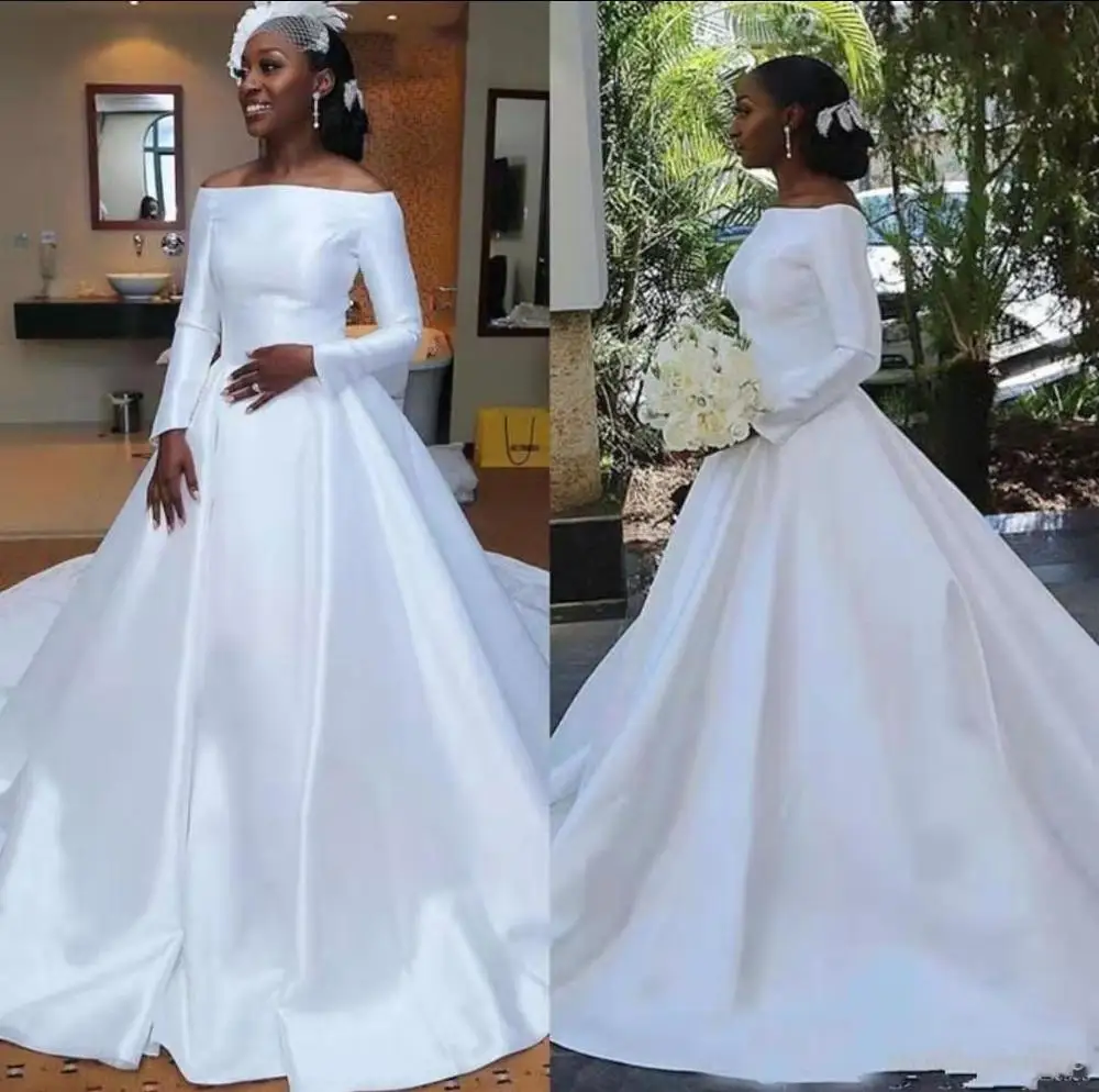 

Hot African Long Sleeves Satin Wedding Dress Simple Off Shoulder Buttons Back Plus Size Bridal Gown vestidos de noiva