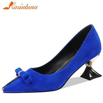 

karinluna New Fashion 2020 Kid Suede Strange Style shoes woman pumps female slip on Pointed Toe sweet bowtie pumps woman shoes