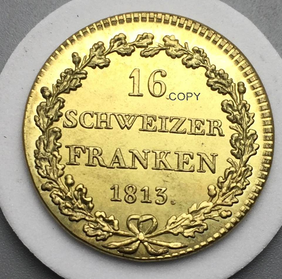 Swiss Cantons GRAUBUNDEN SCHWEIZER 1813 16 Franken Three Shields Arranged Triangle Value In Wreath Gold Brass Crafts Copy Coin | Дом и сад