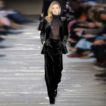 

High-end Design Luxury Runway Black Velvet Pants Suits Autumn 2019 New Notched Collar Coat And Long Pants Casual Two Piece Set