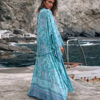 

GypsyLady long kimono Boho Blouse Shirts for women Blue Buttercup Beach cover up Loose summer blouse kimono new 2020 blusas