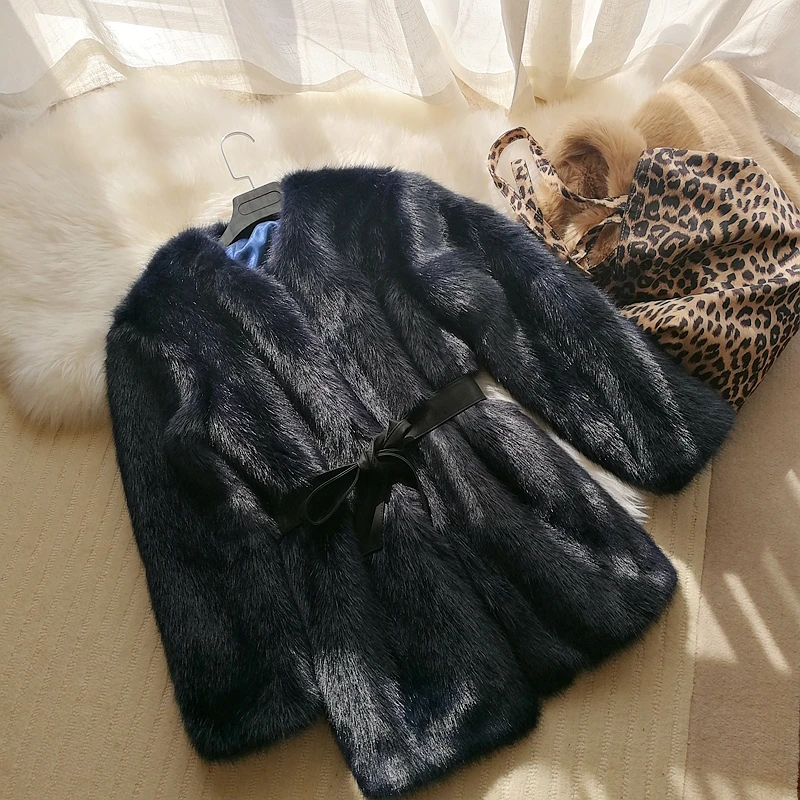 Корейская мода женские зимние толстые теплые Угги с мехом высокого качества Меховые пальто жилет из искусственного лисьего меха средней длины длинное темно-синее с подкладкой из искусственного меха Куртки