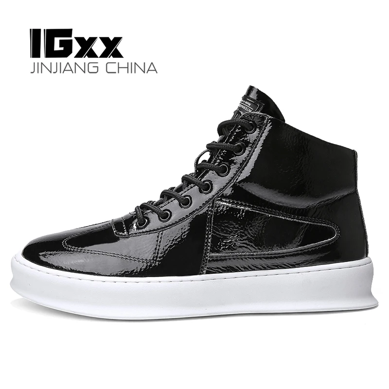 

IGxx High top Shoes Skateboard Lace-up Leather Bling Men's Sneakers Punk Ankle Boots For Men Basketball Shoes Black
