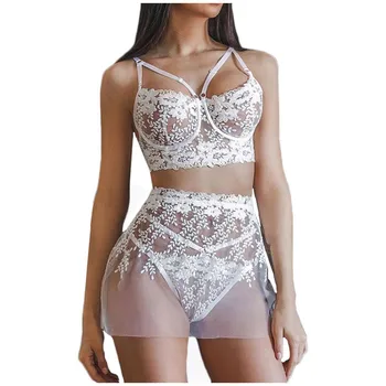 

Women Lace Lingerie Set Plus Size Hollow Mesh G-String Bra Brief Set Transparent Panty Underwire 3 Piece Set Sexy Underwear Set