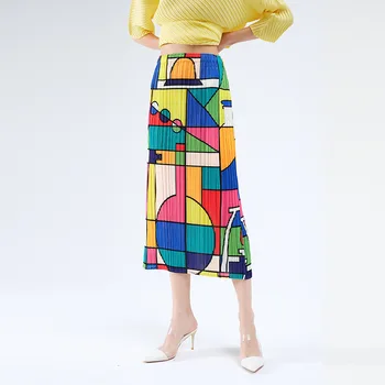 

SuperAen 2020 Summer New Geometric Printing Skirt Women's Abstract Printing Medium-Length Stretch Waist A- Line Dress