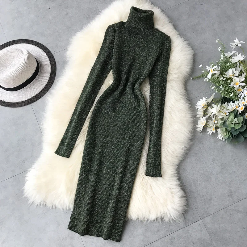 Autumn Winter Dress Women Warm Turtleneck Glitter Knitted Sweater Dress Casual Bodycon Midi Dress Long Sleeve Ladies Dresses