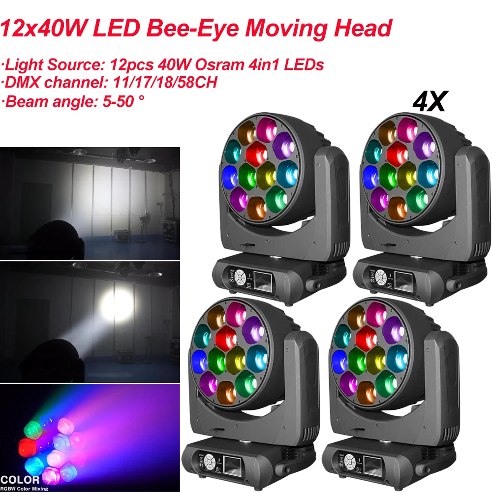 

4Pcs/Lot Point Control Stage Light 12x40W LED RGBW 4IN1 Bee-Eye Moving Head Zoom Light For Disco DJ Stage Wedding Party Lights