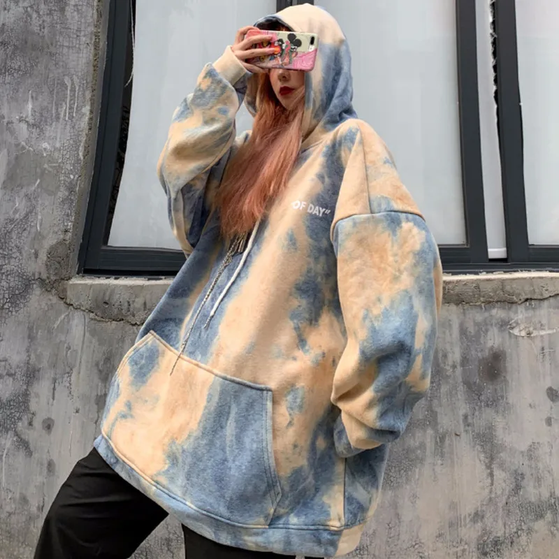 Harajuku Толстовка женские толстовки осень зима мода Tie dye длинный рукав пуловер теплая Толстовка Топы Плюс Размер толстовки