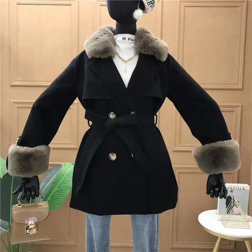 Зимнее шерстяное Женское пальто корейское модное отстегивающееся мягкое шерстяное двубортное Стеганое пальто с меховым воротником теплое Женское пальто - Цвет: Черный