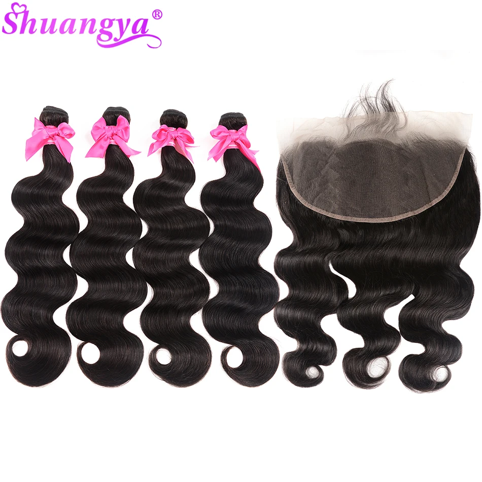 Frontal com Pacotes Onda do Corpo Pacotes com Frontal Humano com Fechamento Transparente Laço Peruano Remy Cabelo Shuangya 100% 6 Cheap Pacotes com 34 com fecho