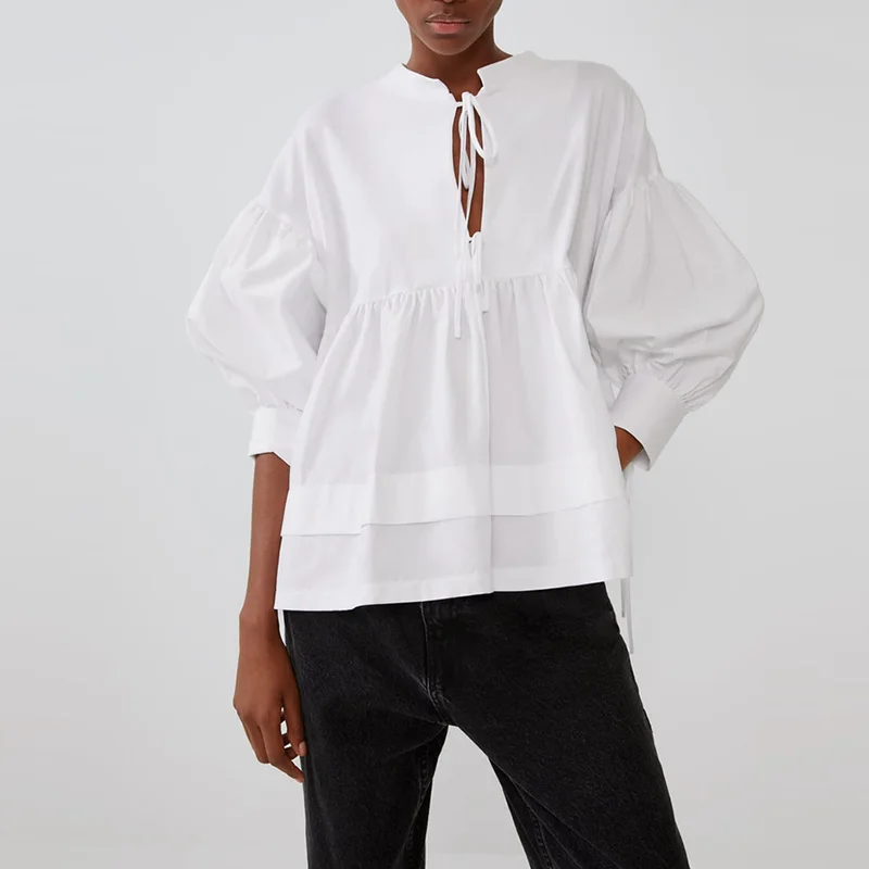 Женская Повседневная Осенняя блузка с рукавами-фонариками и кружевным бантом, плиссированные Лоскутные рубашки, свободные женские топы больших размеров XB9261