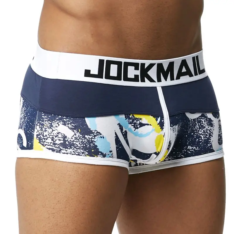 JOCKMAIL, мужские трусы, дышащие боксеры, хлопок, сексуальное мужское нижнее белье, u-образный выпуклый мешочек, трусы с принтом, 17 моделей, боксеры, шорты - Цвет: JM434-NavyBlue