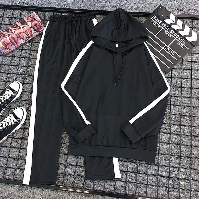 Mooirue женский спортивный костюм Повседневный Harajuku плюс Размер Уличная с капюшоном топы в полоску, с высокой талией брюки свободные осенние комплекты из 2 предметов