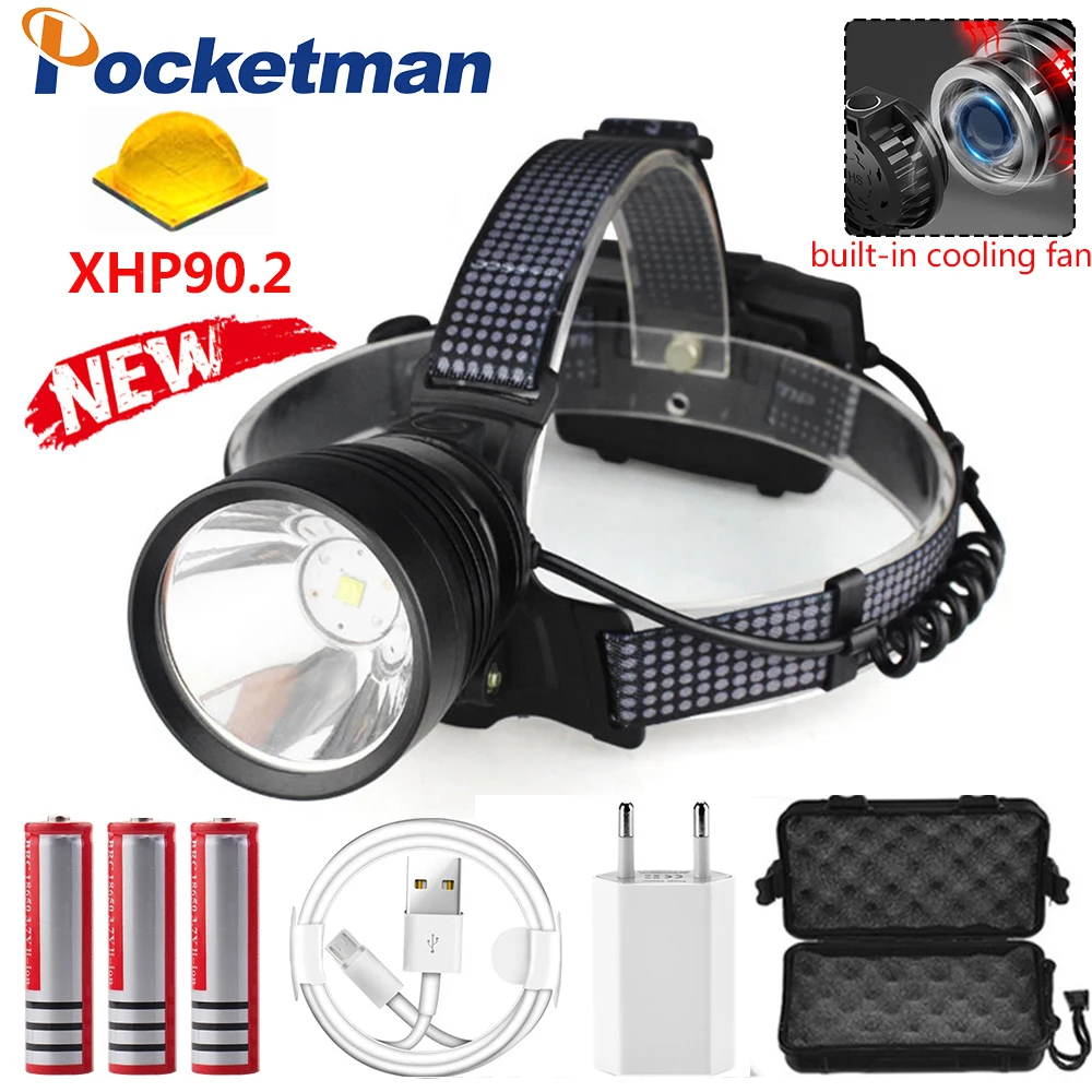 

XHP90.2 USB rechargeable LED headlamp glare head lamp head light zoom high-power head light for camp built in cooling fan run
