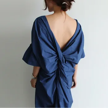 

Korean Plain Dress Women Designer Fashion 2020 Summer Chic Backless Elegant V-neck Straight Midi Dresses Vestidos Blue/White