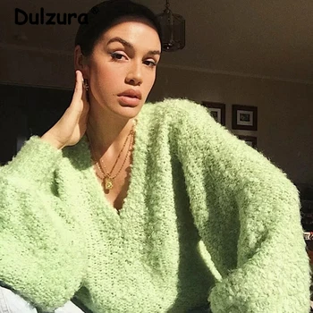 

Harajuku Girls Fresh Avocado Green Knitted Pullover Aatumn 2019 Chic Lantern Sleeve Blended Wool Sweater Ins Hot Loose knitwear