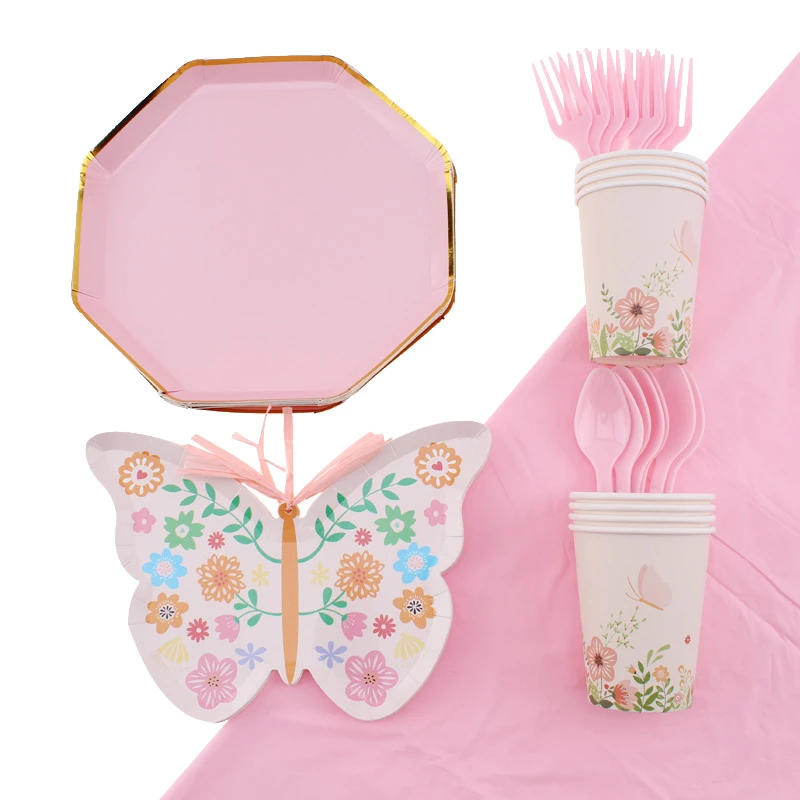 Set De Vaisselle Jetable 41 Pieces Decoration D Anniversaire Assiettes En Forme De Papillon Serie Rose Motifs De Fleurs Fournitures De Fete D Anniversaire Aliexpress