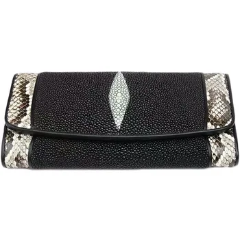 

Thailand Genuine Real Stingray Skin Women Long Clutch Wallet Purse Exotic Authentic Python Snake Leather Lady Large Card Wallet