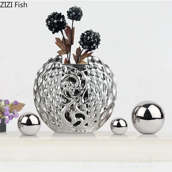 

Silver Ceramic Vases Shaped Hollow Vase Flowers Insert European Floral Ornaments Flower Arrangement Modern Home Decoration