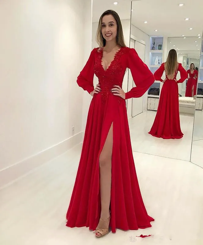 

Sexy Red A Line Chiffon Prom Dress 2019 Deep V Neck Long Sleeves Lace Appliques Dresses Evening Wear Formal Occasion Gowns