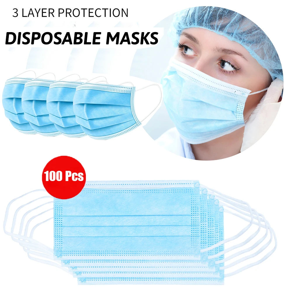 

100 Pcs Disposable Masks Anti Droplet Anti-flu 3-Layer Filter Safety Hygiene Face Mask Proof Dustproof Protective Mouth Maska