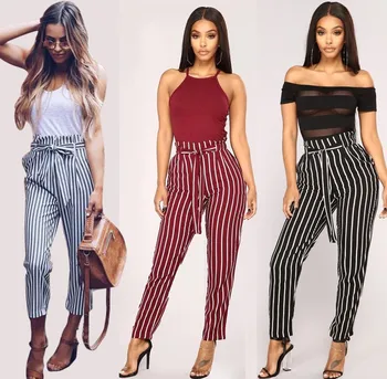 

Women's Autumn Casual Striped Printing Trousers Lace Up Long Pants Straight Pants