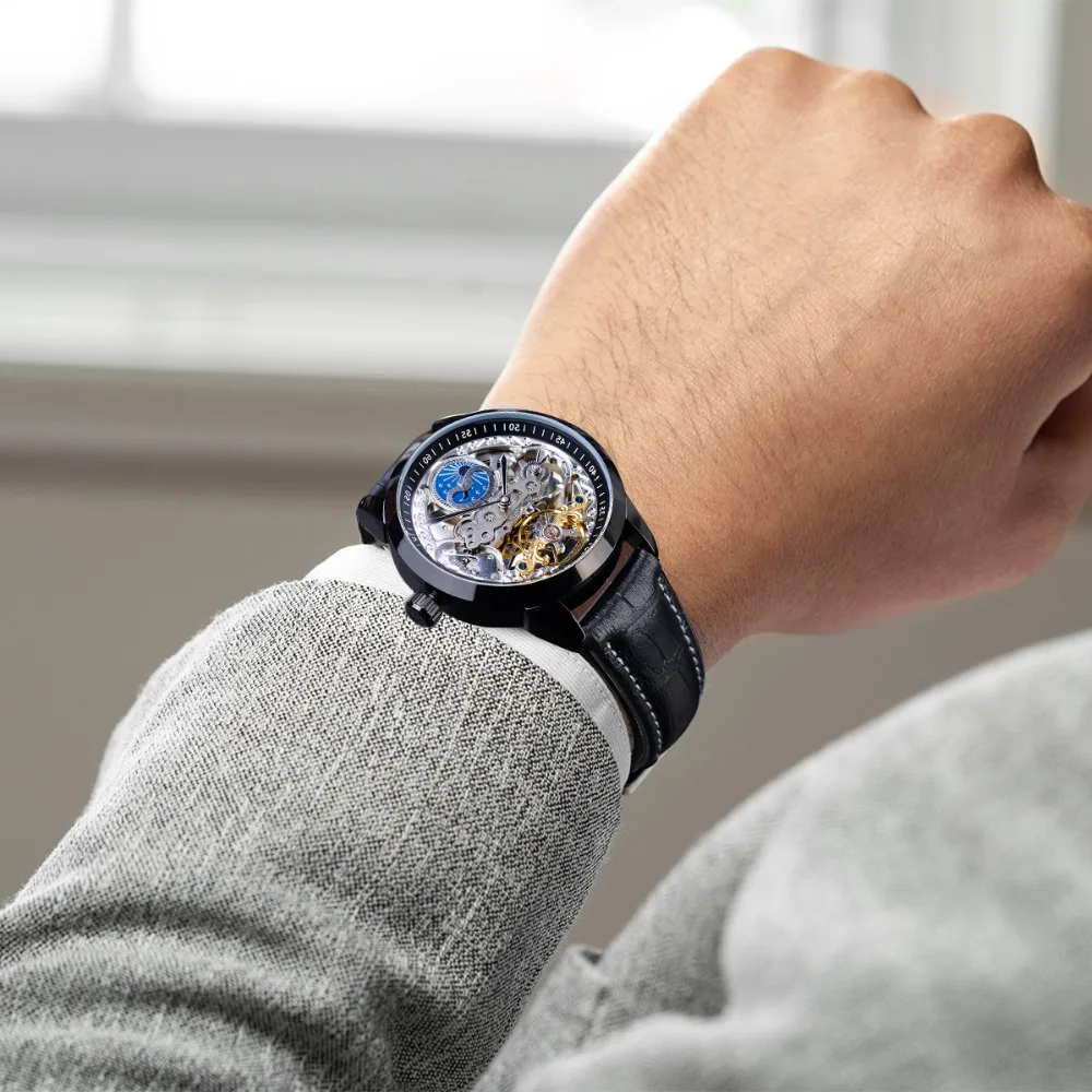 Forsining модные механические мужские часы Skeletion из натуральной кожи Moon Phase автоматические Водонепроницаемые турбийон классические мужские часы